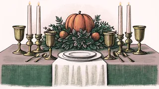 A formal table gleams with candles, fine china, silverware, and folded linens.