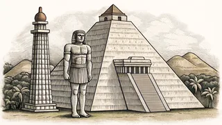 Massive stone pyramid standing beside a towering statue and ancient lighthouse overlooking a grand temple.