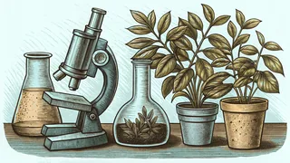 A microscope, a beaker, and a small potted plant arranged on a classroom lab table.