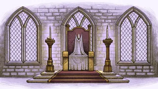 A ghostly apparition hovers above a stone throne in a candlelit medieval castle hall.