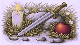 A steel dagger rests against a large stone in tufted grass, beside a lit pillar candle, one fallen apple and a few pebbles.