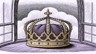 A jeweled crown rests on cold stone in a castle chamber as storm clouds loom beyond an arched window.