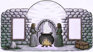 Three shadowy figures huddle around a bubbling cauldron in a dimly lit medieval castle chamber.
