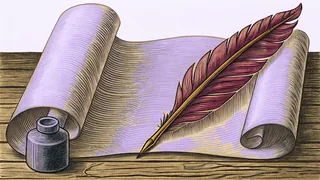 A quill pen and inkwell rest beside blank parchment on an ancient candlelit writing desk.