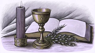 A lit candle in an ornate holder stands beside a footed goblet and a leafy sprig, with an open book resting behind them.