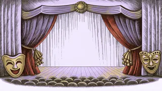 Theater stage illuminated by spotlight with blank scripts and ornate theatrical masks.