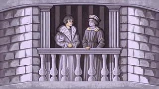 A renaissance stage shows two costumed figures below a stone balcony with torches casting flickering light on ancient walls.