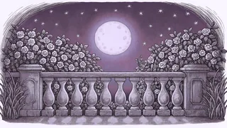 A stone balcony overlooks a moonlit garden with climbing roses beneath a starry night sky.