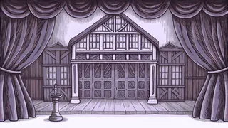 An Elizabethan playhouse stage framed by wooden beams and rich crimson curtains.