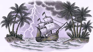 A sailing ship tosses on stormy waves near a tropical island beneath flashing lightning.