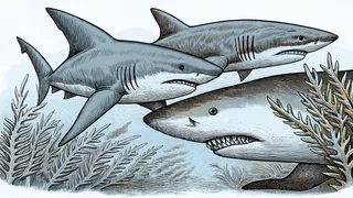 Diverse shark species including great white, hammerhead, and gentle whale shark.