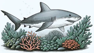 A sleek shark with extended fins glides above a colorful coral reef.