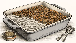 Layered shepherd's pie in a ceramic baking dish.