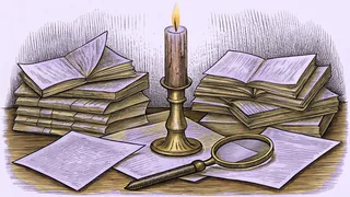 A candlelit Victorian study holds scattered case files and a magnifying glass.