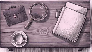 A magnifying glass and papers lie on a polished desk with a steaming teacup nearby.