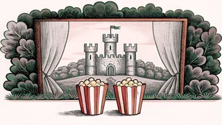A castle silhouette without heraldic markings appears on a projection screen above stacked popcorn containers.