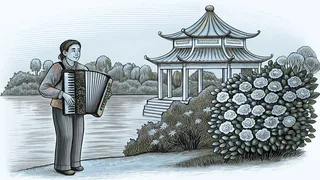 An accordion musician plays near Asian-inspired gardens with flowering roses by a peaceful lake
