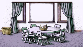 A primary classroom with a low round table, small chairs and a basket of wooden blocks by the window.