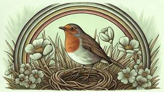 Robin on nest amid spring flowers and fresh green shoots with rainbow in sky