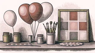 Bright paint pots, brushes in a ceramic holder, and helium balloons sit together on a bright artist's workbench.