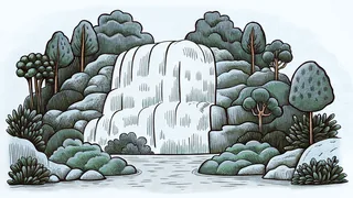A scenic waterfall surrounded by blooming flowers and butterfly silhouettes.