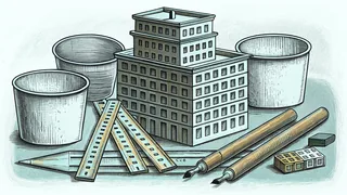 Measuring cups, rulers, and counting blocks illustrate sixth-grade mathematics vocabulary.