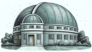 A telescope tilts skyward from an observatory dome under a wide field of stars.