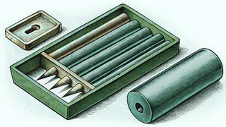 An open wooden case holding sharpened pencils, beside a teal cylindrical holder.