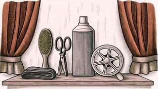 Hair and skincare supplies arranged on a vanity