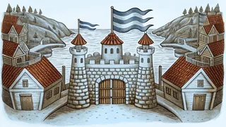 A miniature nation's fortress and flag above a picturesque coastal harbor town.