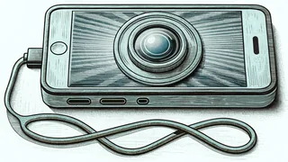 A modern smartphone with visible camera, charging port, glowing screen, signals.