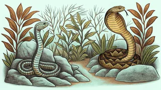Two large snakes entwined among jungle plants and mossy rocks