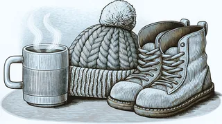 A steaming mug and a knitted woollen hat set beside a pair of chunky snow boots.