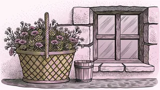 A basket of wildflowers rests beside a wooden pail on a stone cottage windowsill.
