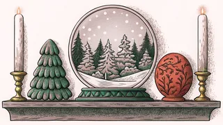 A snow globe and miniature forest figures rest on a shelf in soft candlelight.