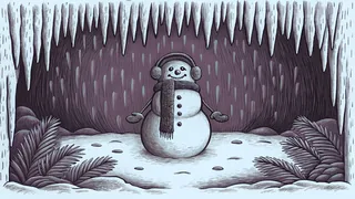 A snowman in a scarf and earmuffs surrounded by icicles in winter