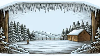 A snowy winter scene with a sled, boots, scarf, and icicles hanging from roof edges.