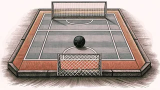 A grass soccer field with goal net and penalty markings.