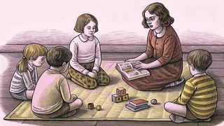 Classroom where two children practice emotional sharing with teacher guidance.