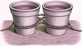 Two paper cups connected by a taut length of string, lying on a wooden table.