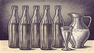 A row of glass cola bottles fizzing beside a syrup jug and a glass of seltzer.