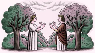 Two figures reconciling through dialogue and mutual understanding.
