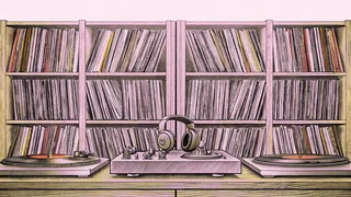 A music production studio with turntables, vinyl records, and professional mixing equipment.