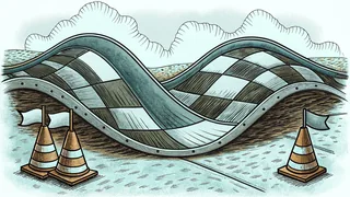 A looping racetrack ramp curving over bright green hills beneath open sky.