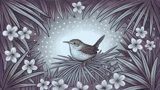 A wren perches on a sabal palm beside blooming jasmine and peach trees.
