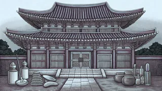 A Korean temple stands near traditional cosmetics and ginseng arranged on shelves