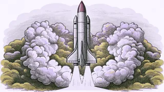 A silver rocket launches toward the stars with a lunar lander in orbit.
