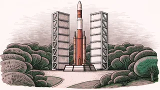 A white rocket stands on its launch platform surrounded by gantry structures and facilities.