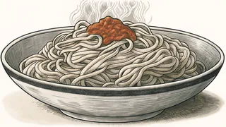 A heaping plate of spaghetti bolognese with rich meat sauce and grated cheese piled high.
