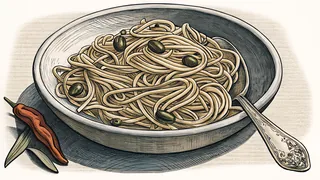 A rustic pasta dish layered with dark olives, capers, and spicy red peppers in tangy sauce.